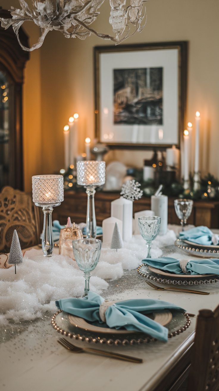 Winter Wonderland Frosty Table Setting white or silver tablecloth with glittery accents with faux snow, crystal candle holders icy blue napkins