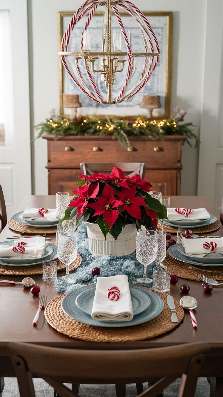 Wintry Blue and White table setting icy blue plates with white napkins and candy cane accents with poinsettias and cranberries