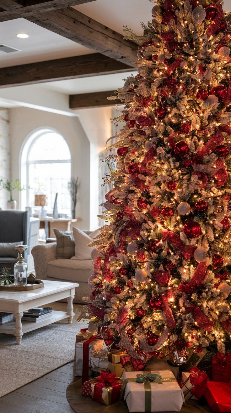 beautifully decorated red Christmas tree with red ornaments, ribbons, and twinkling lights, with a star on top