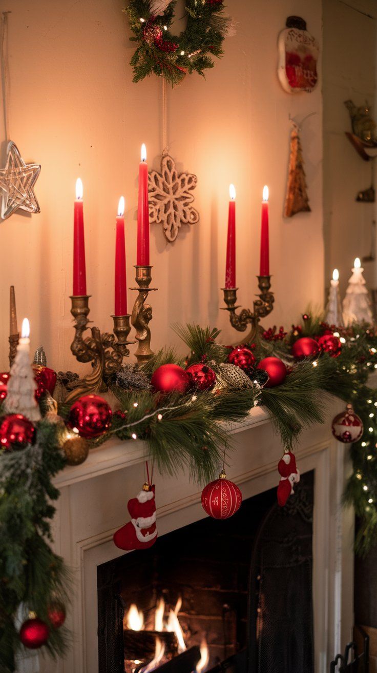 festive cottage fireplace mantel red Christmas candles in ornate English candleholders