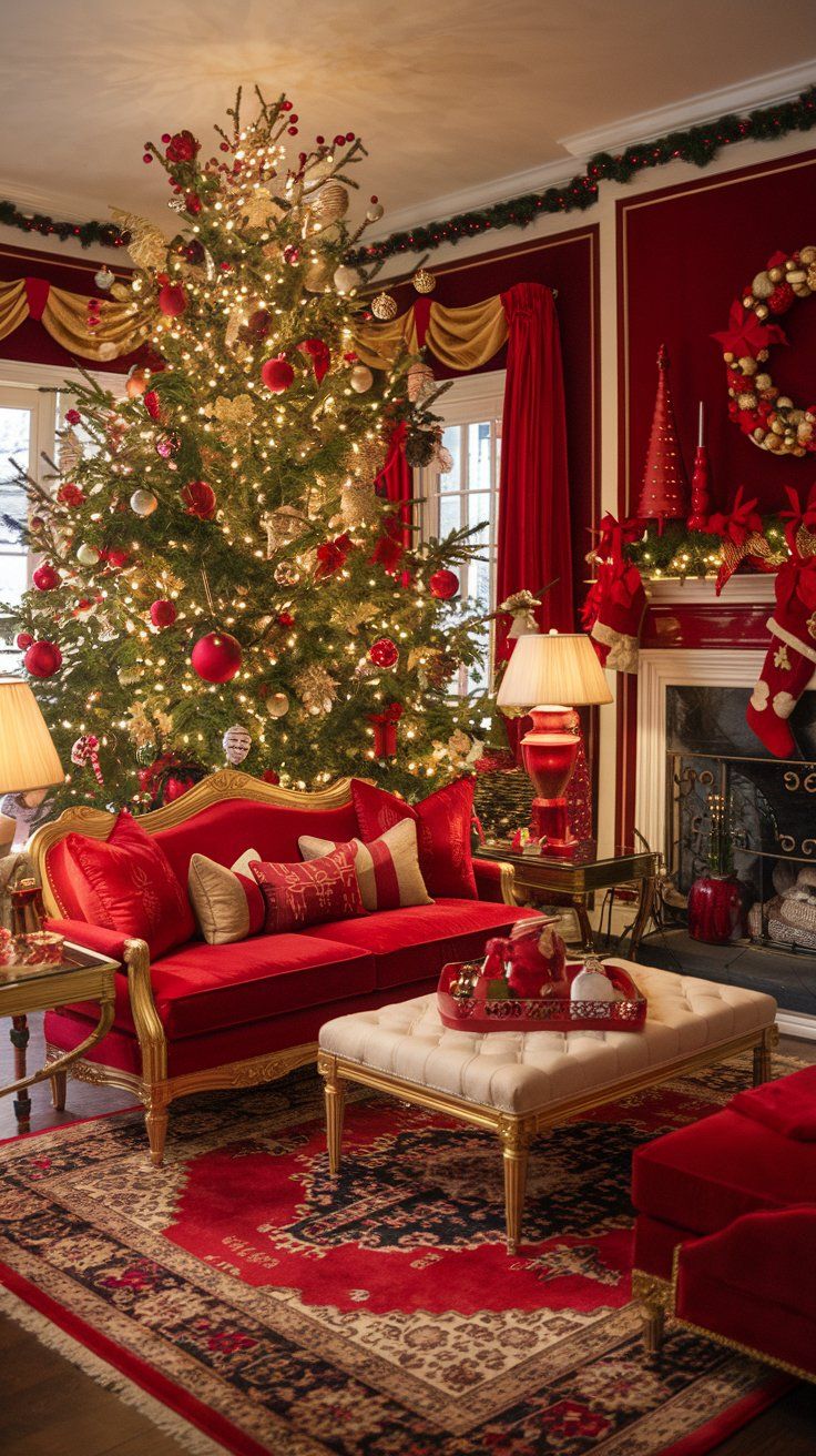 red and gold Christmas living room decor