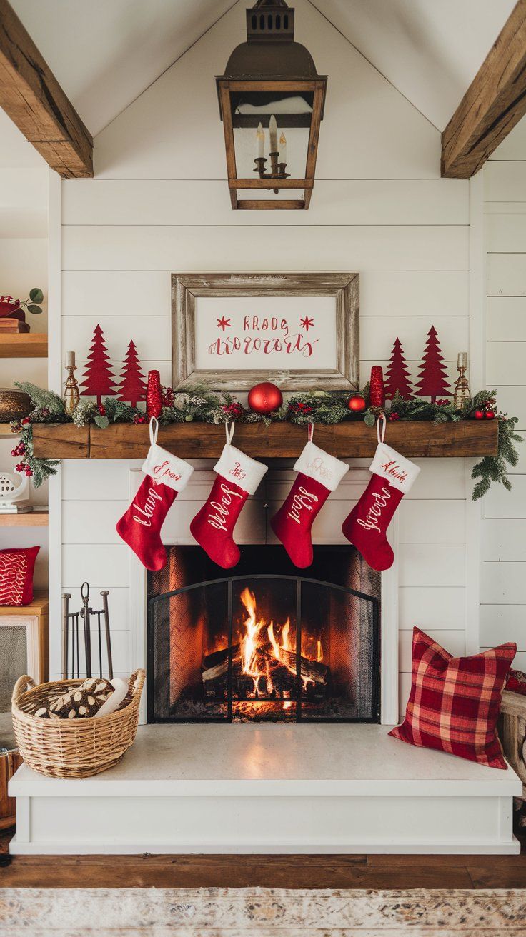 red stockings Christmas mantel home decor