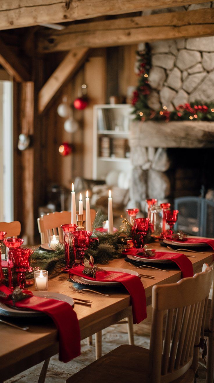 rustic Christmas dinner at a mountain home with red tableware festive red napkin