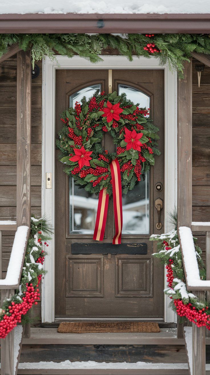 rustic brown front cottage door Christmas lush red wreath made of red berries, poinsettias, and ribbons