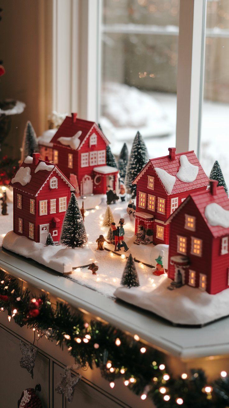 whimsical red Christmas village display of miniature houses with red roofs