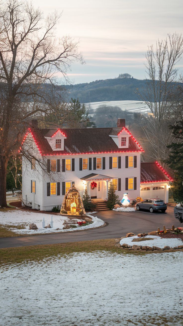 white colonial house decorated for Christmas with red string lights on edge of roof