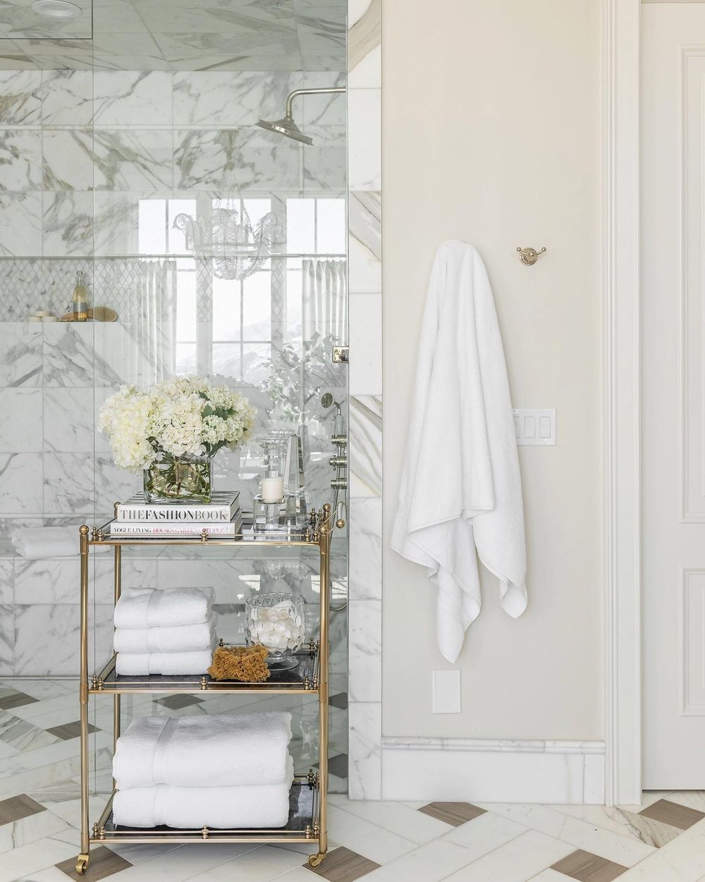 bathroom organization brass cart near shower rachel parcell