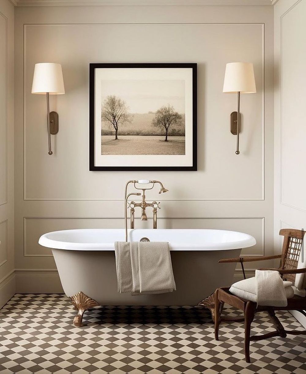 beige bathrooom design checkered floor tiles haldonhousedesign