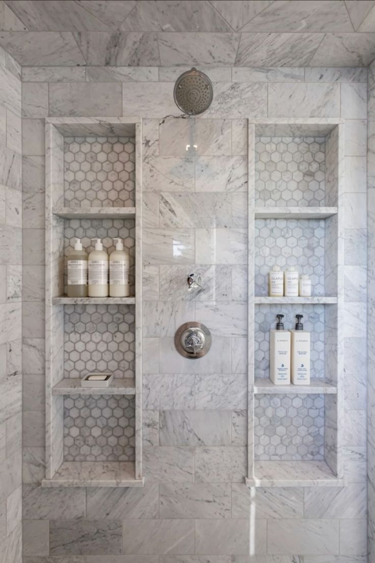 double shower niche with 3 shelves