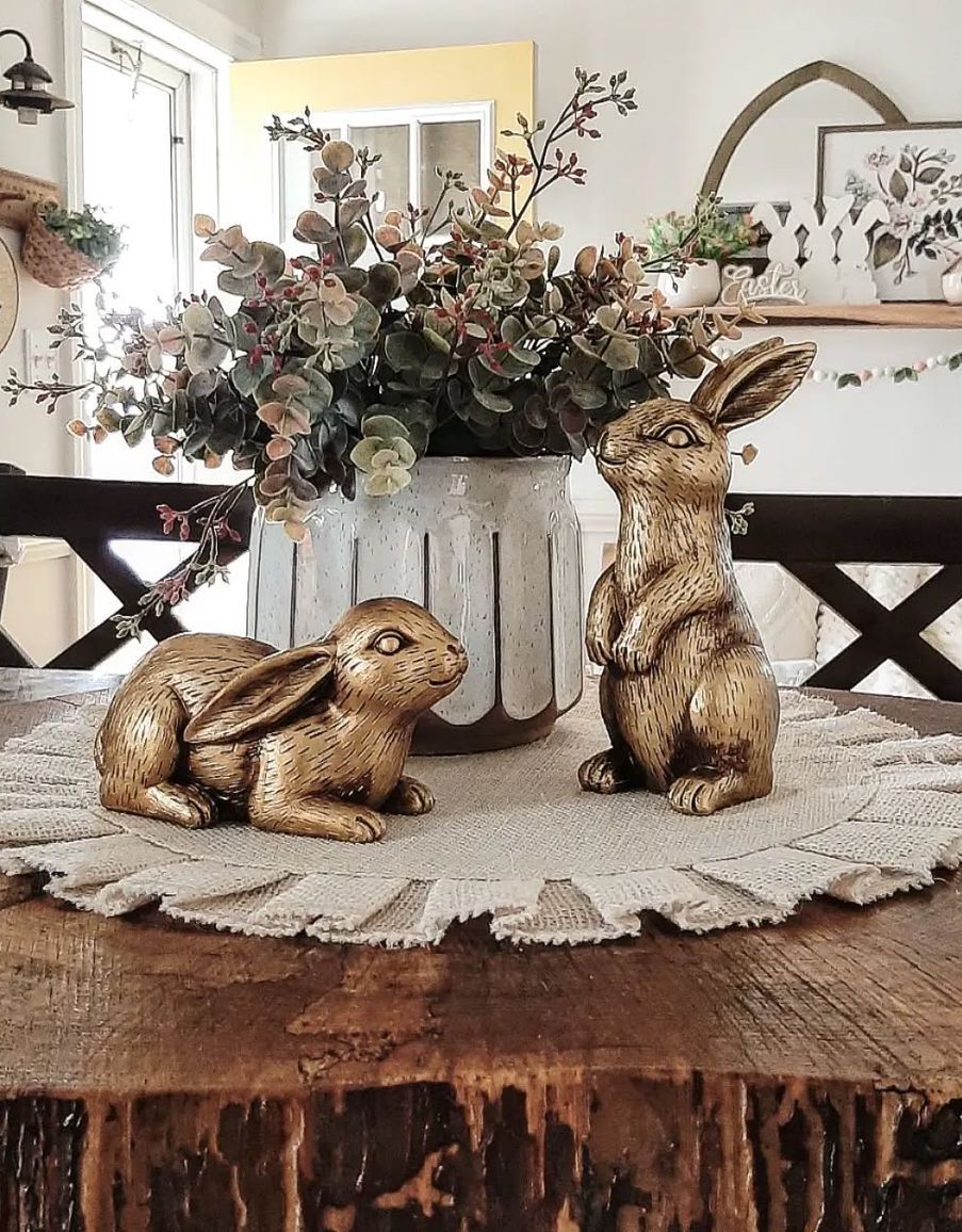 farmhouse easter decor brass bunny centerpiece dining table oakley avenue