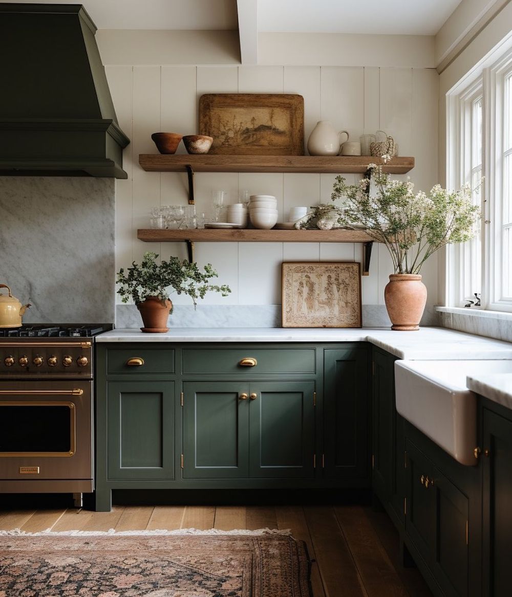 Farmhouse green kitchen design @plankandpillow.jpg