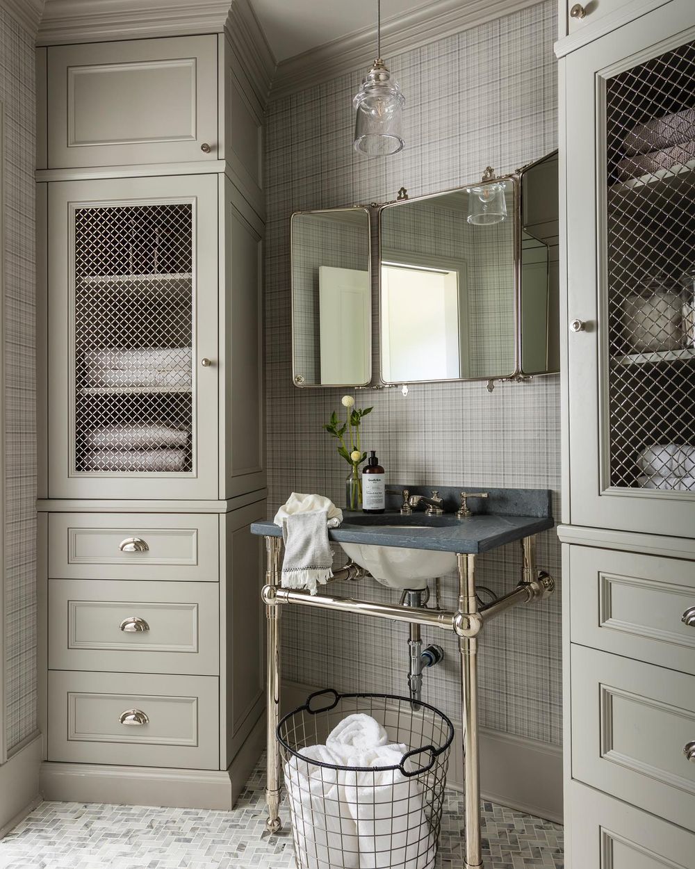 gray bathroom design storage cabinets katlawtoninteriors