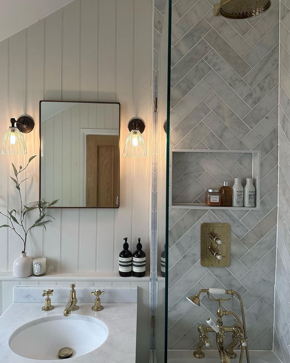 gray bathroom ideas beadboard walls and herringbone shower tile finnerz home