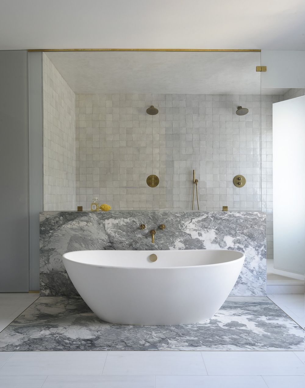 gray bathroom ideas marble floor zellige tile studiodb