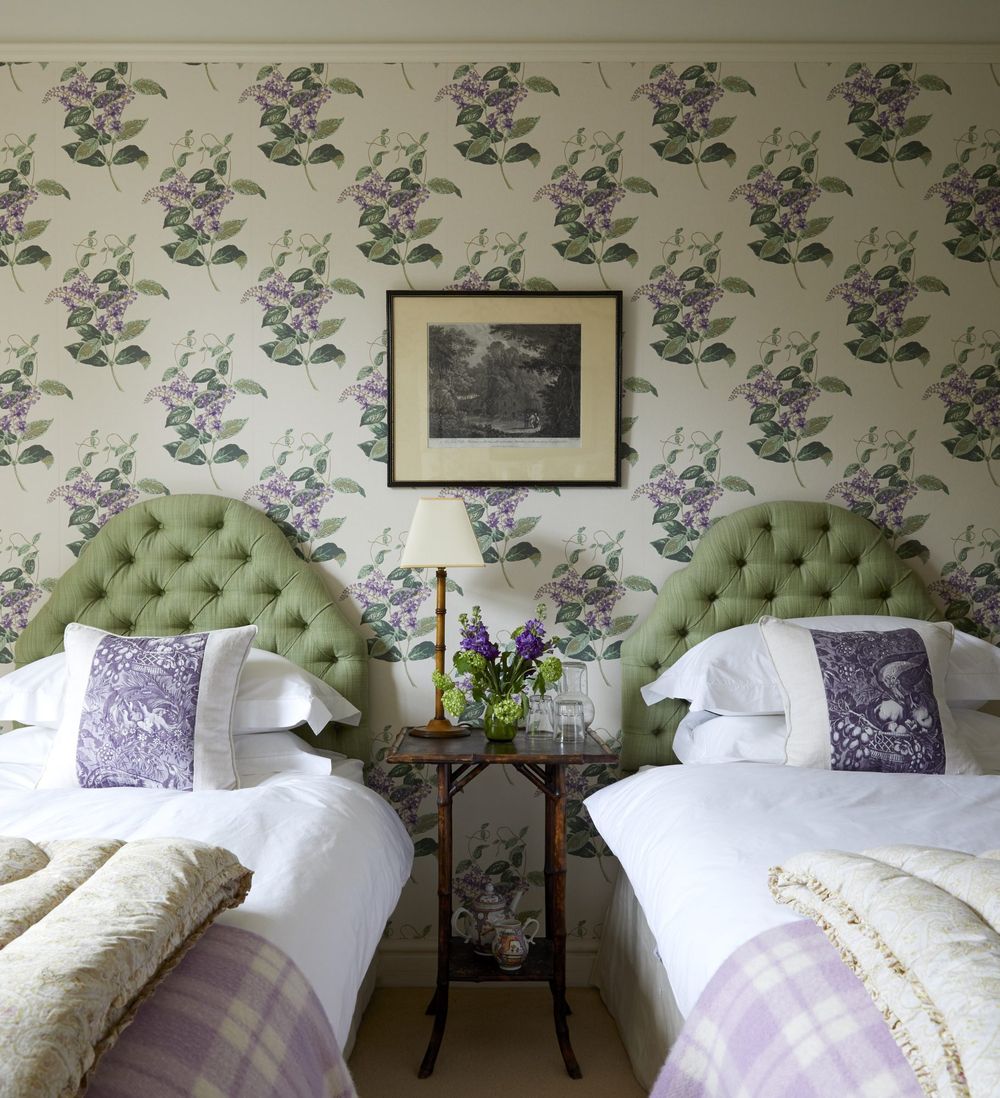 lavender bedroom decor with double beds floral wallpaper todhunterearle