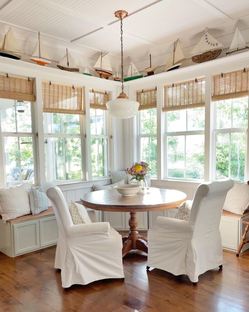 nautical dining room white linen slipcover chairs thorn_cove_abode