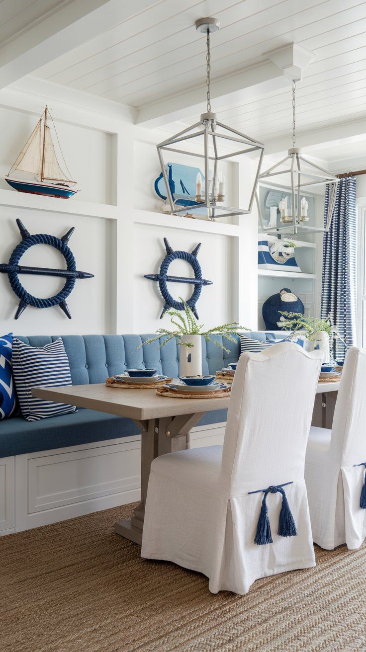 Nautical dining room with blue banquette seating