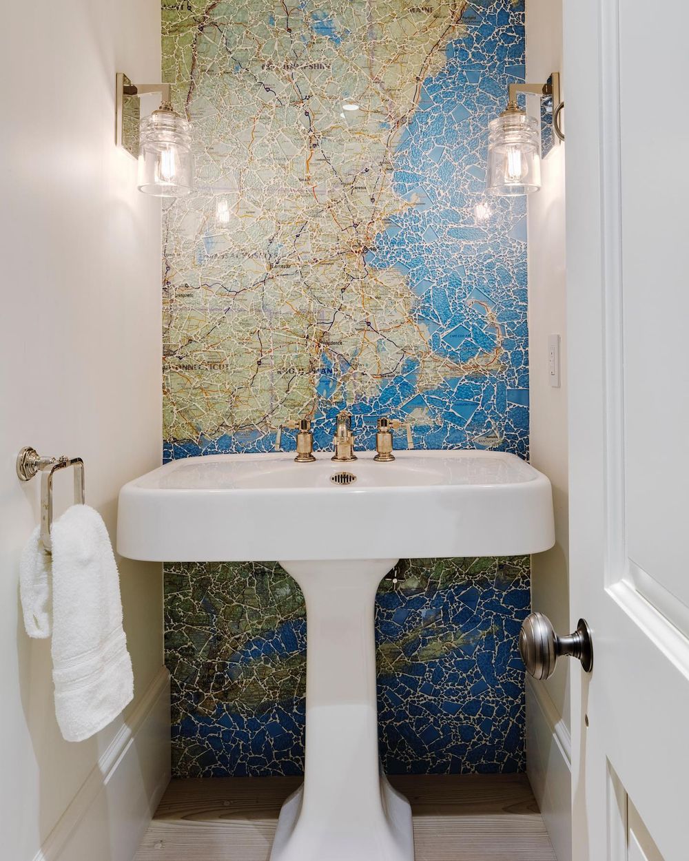 New England Interior Design Nautical map bathroom wallpaper sleepingdogproperties