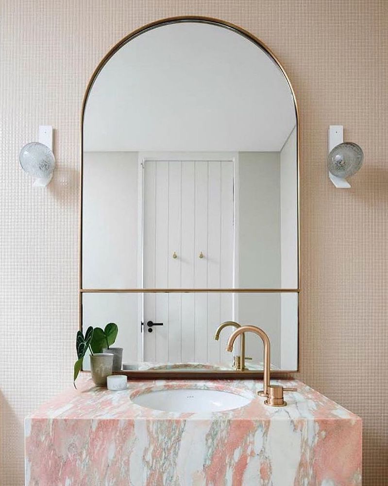 pink marble bathroom vanity with brass faucet smartanson