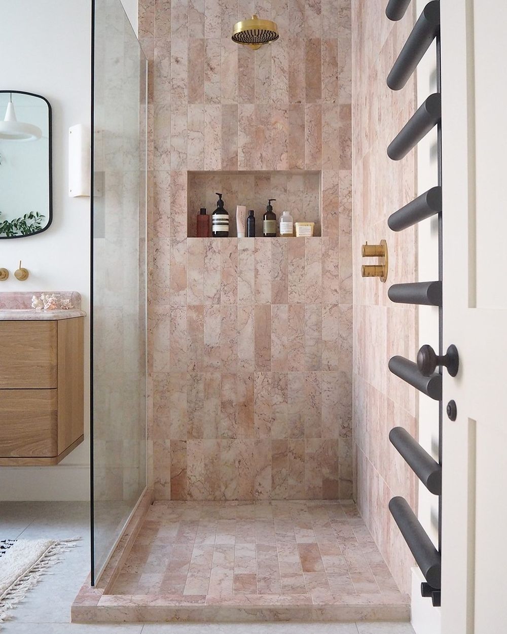 pink marble bathroom with rosalina honed marble tiles frenchforpineapple