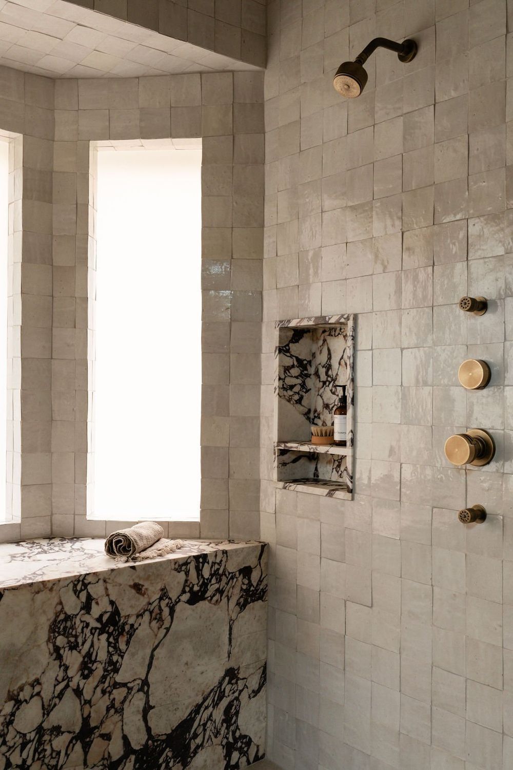 shower niche shelf ideas marble and zellige tile emilylaureninteriors