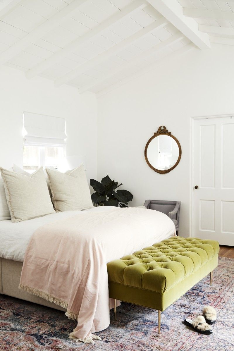 tufted bench bedroom domino hillary kerr