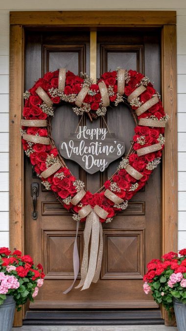 valentines day wreath on rustic front door