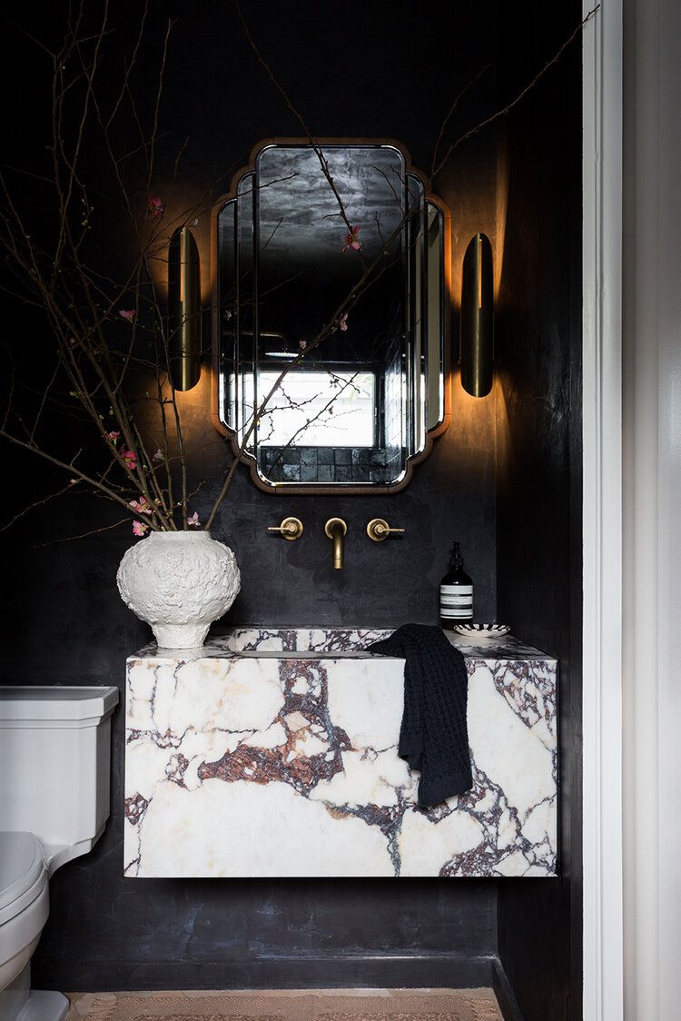 Black bathroom ideas marble vanity AkerInteriors