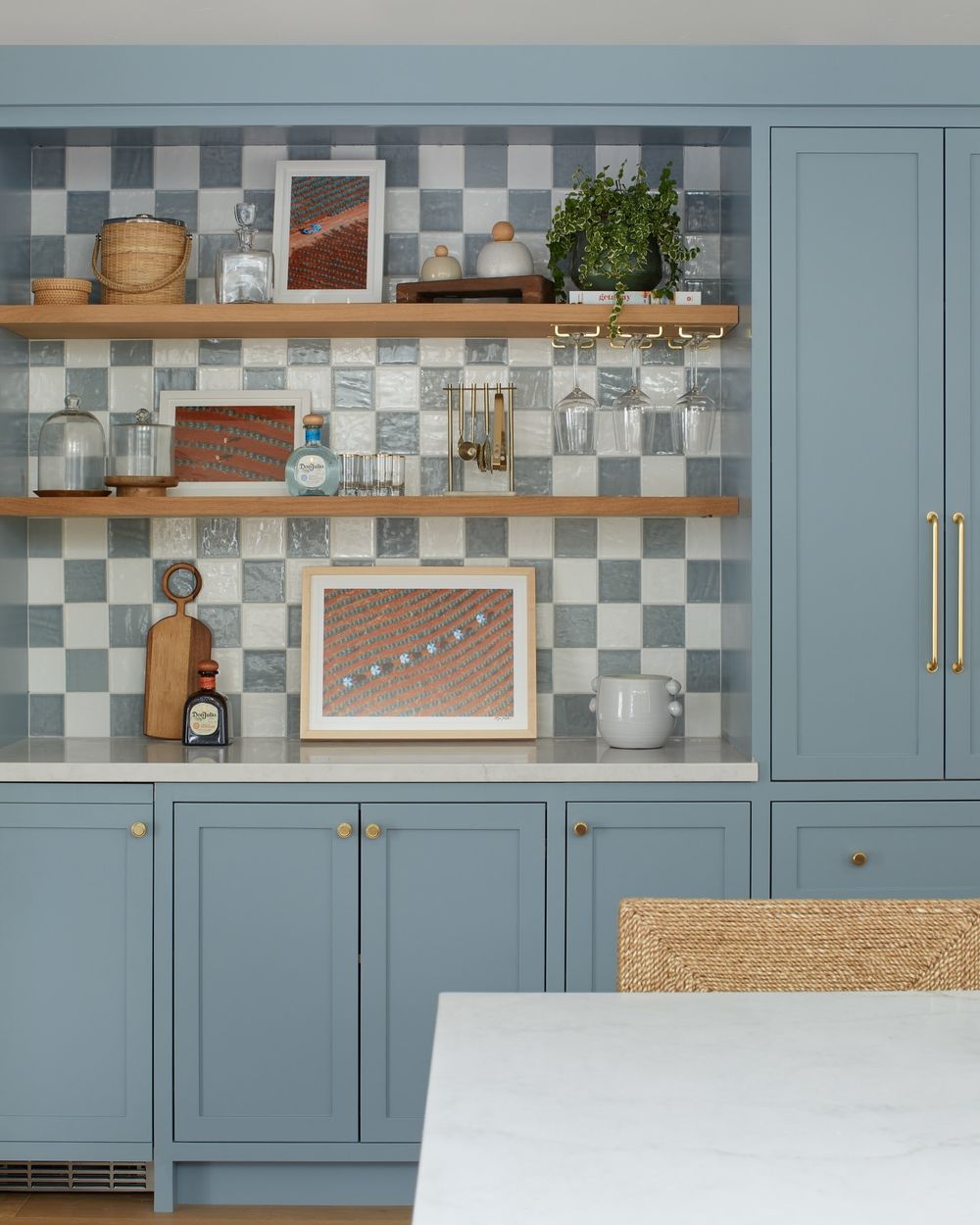 Blue kitchen checkerboard tile backsplash madisonnicoledesign