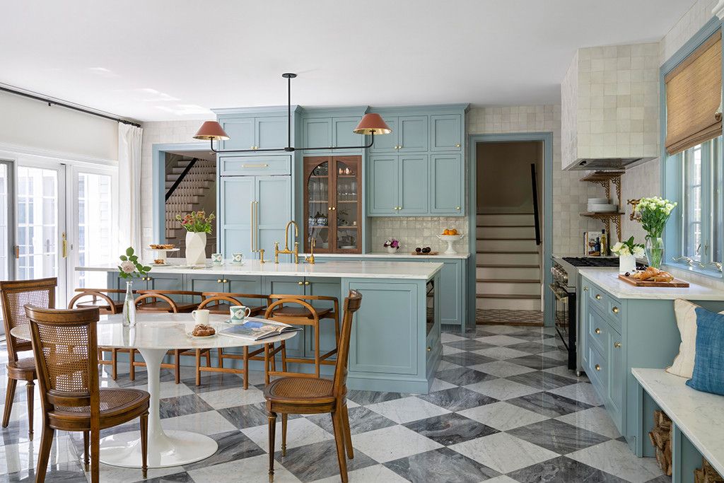 Blue kitchen checkered flooring @robin.m.anderson