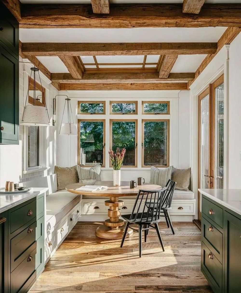 Country breakfast nook wood ceiling beams @lanemcnabinteriors