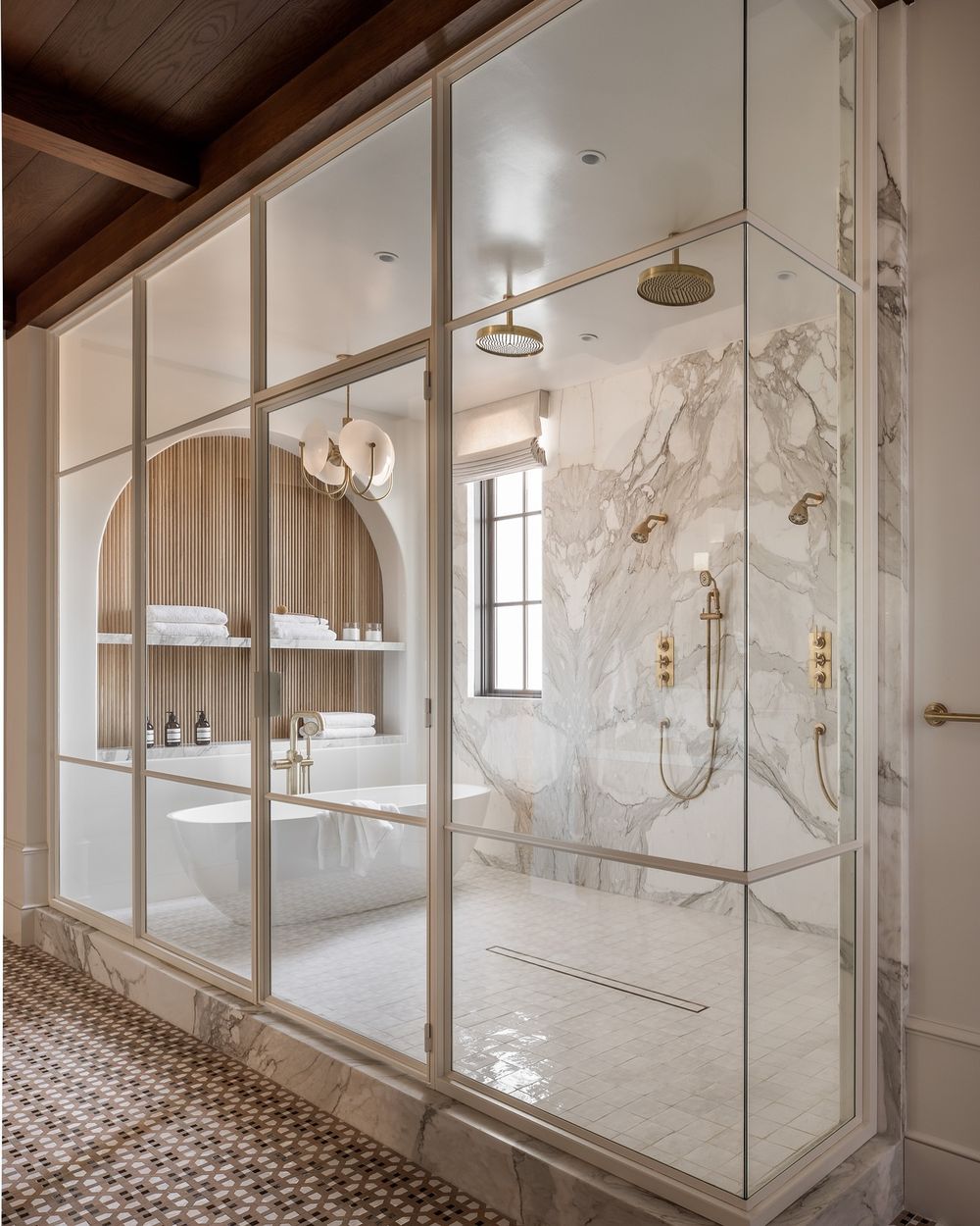 Enclosed shower design brass frame marble walls lindyegalloway