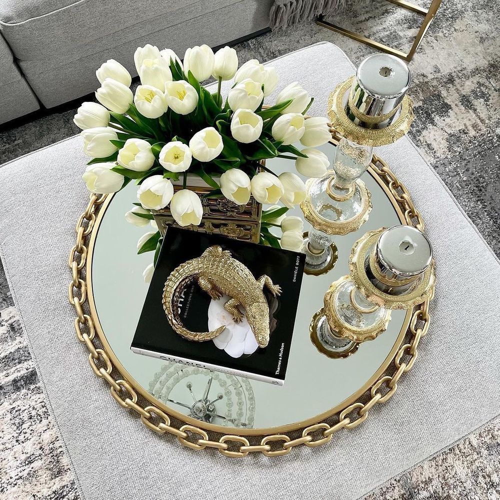 Glam coffee table decor ideas mirrored tray jay_lina_decor