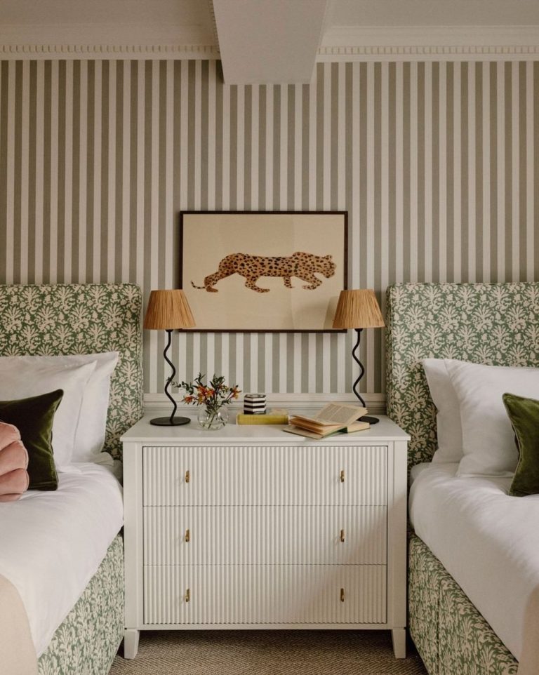 Bedrooms with two beds Striped wallpaper @theinteriorfox