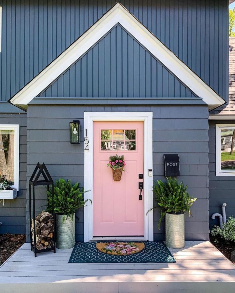 Pink front door blue house simplypaintedwhite