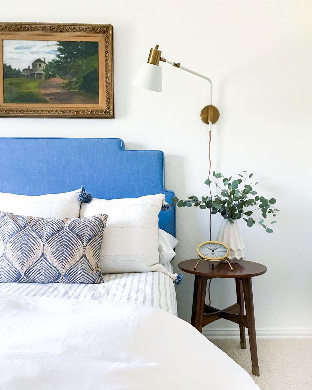 Blue headboard bedroom design @lark.interiors