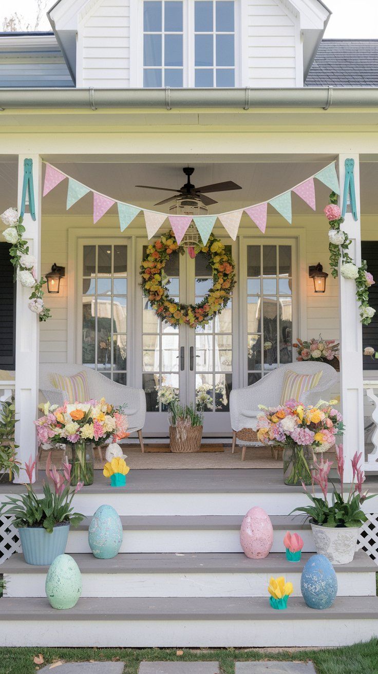 Easter front porch decor with eggs on stairs curatedinterior