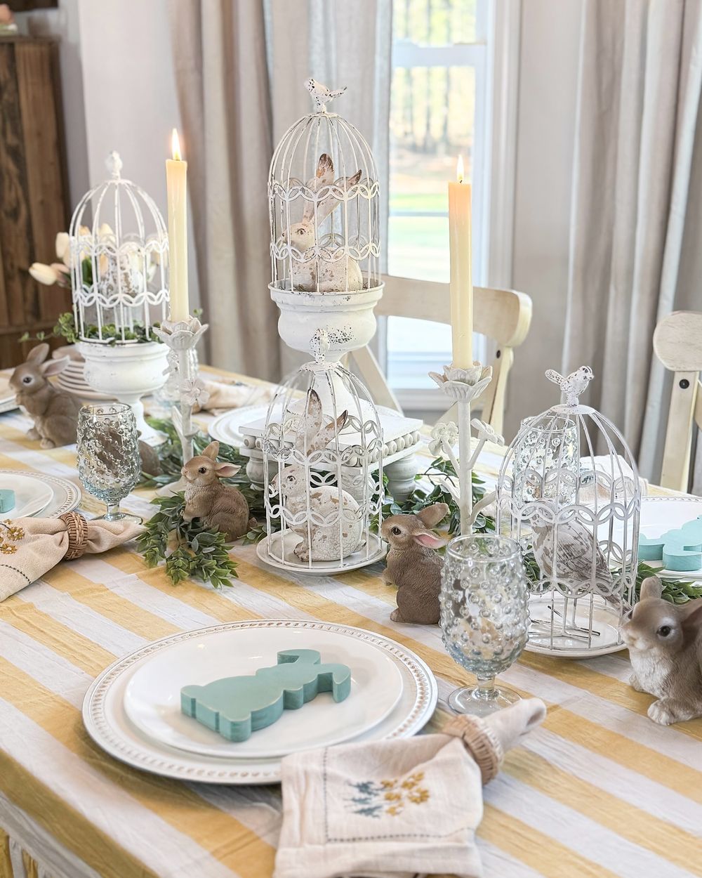 Easter table setting vintage bunnies stripes birchlanebyjennifer