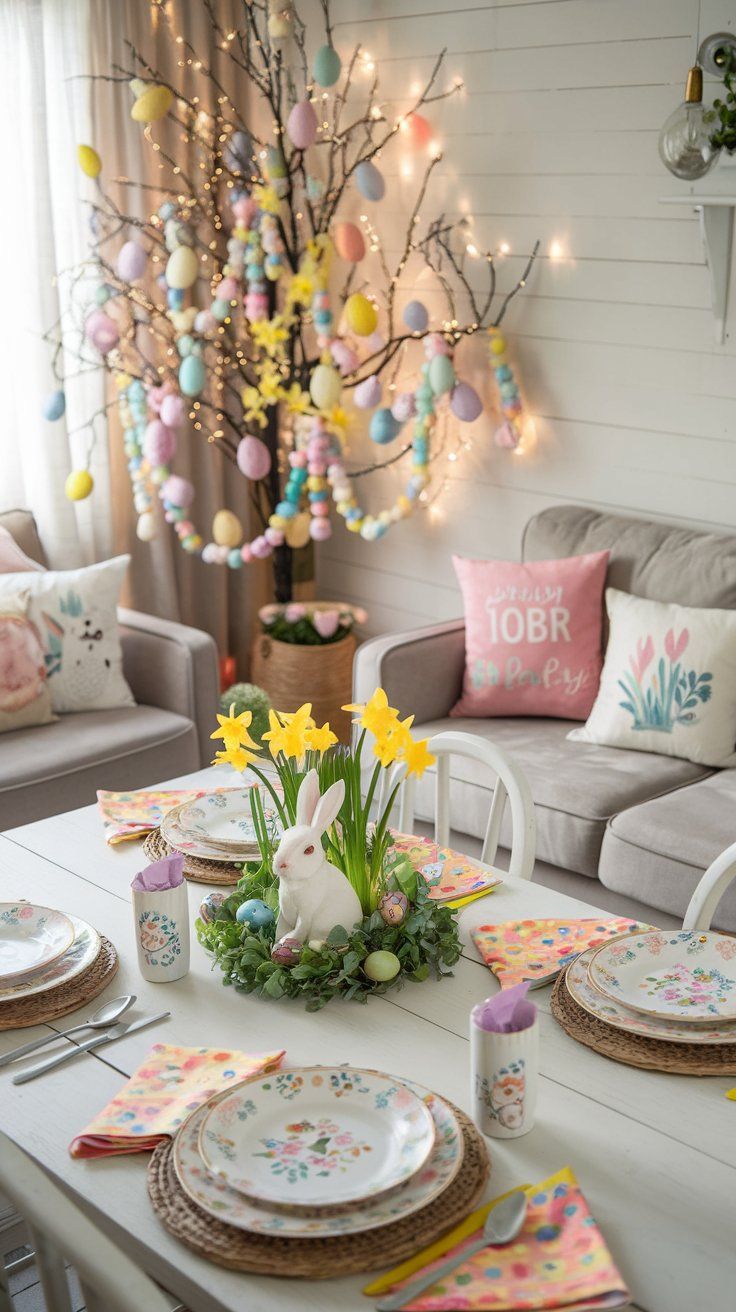 Easter table setting with pastel plates and bunny centerpiece