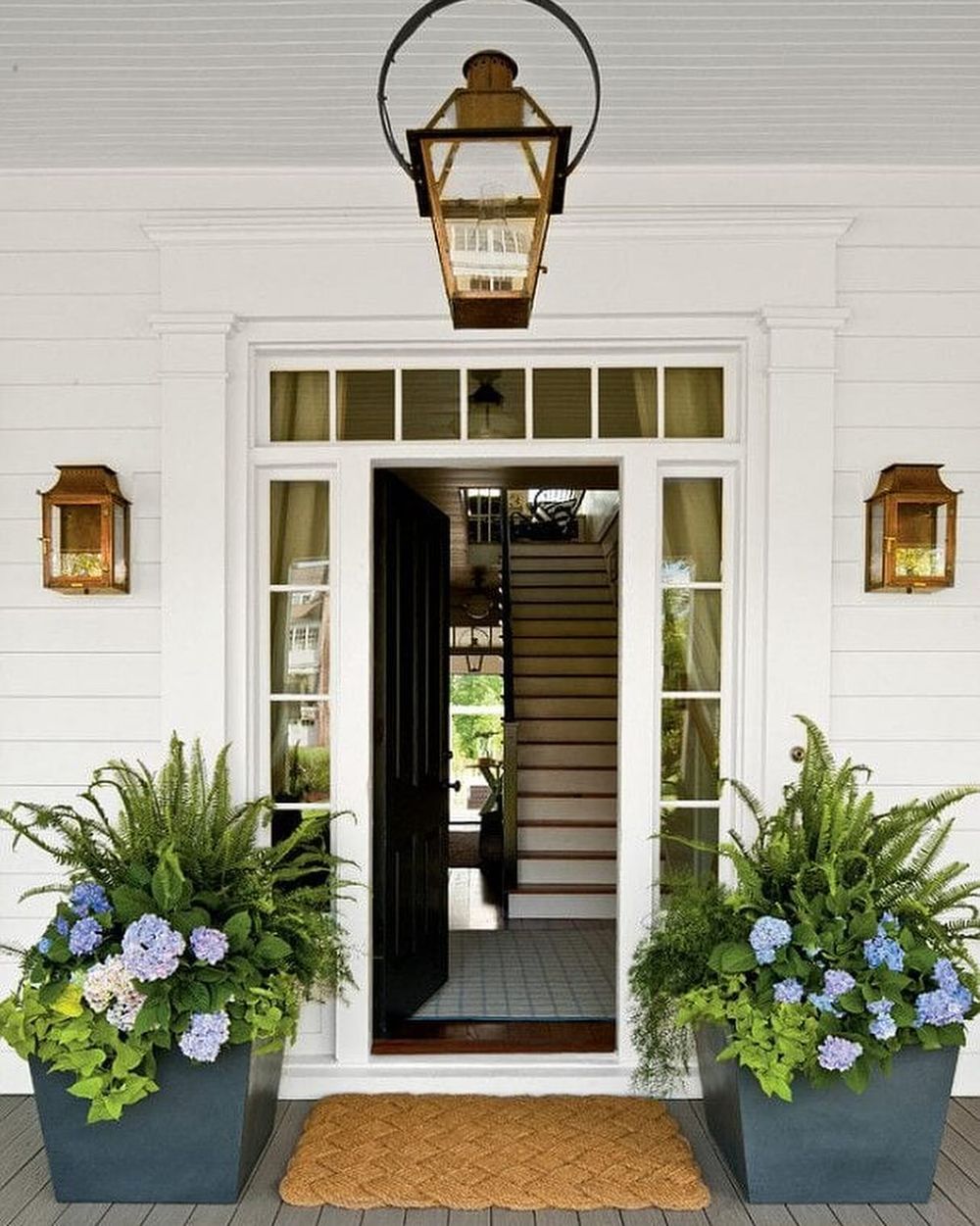 Spring front porch blue hydrangeas JLLdesign