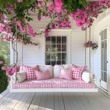 Spring front porch decor pink swing happyhappynester