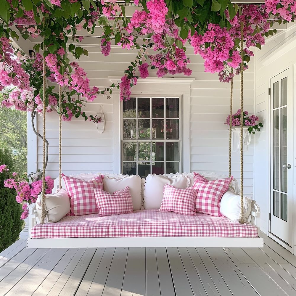 Spring front porch decor pink swing happyhappynester