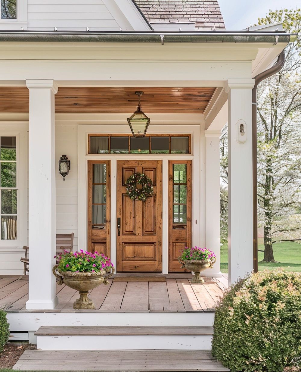 Spring front porch decor urn of flowers @jagcagdesign