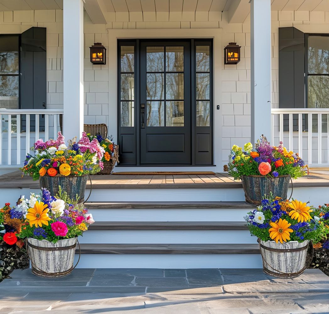 Spring front porch decor wood buckets flowers @shanna_athome