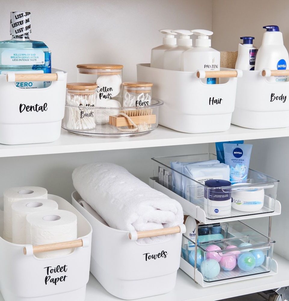 Bathroom storage ideas labeled bins and drawers blissfullittlehome