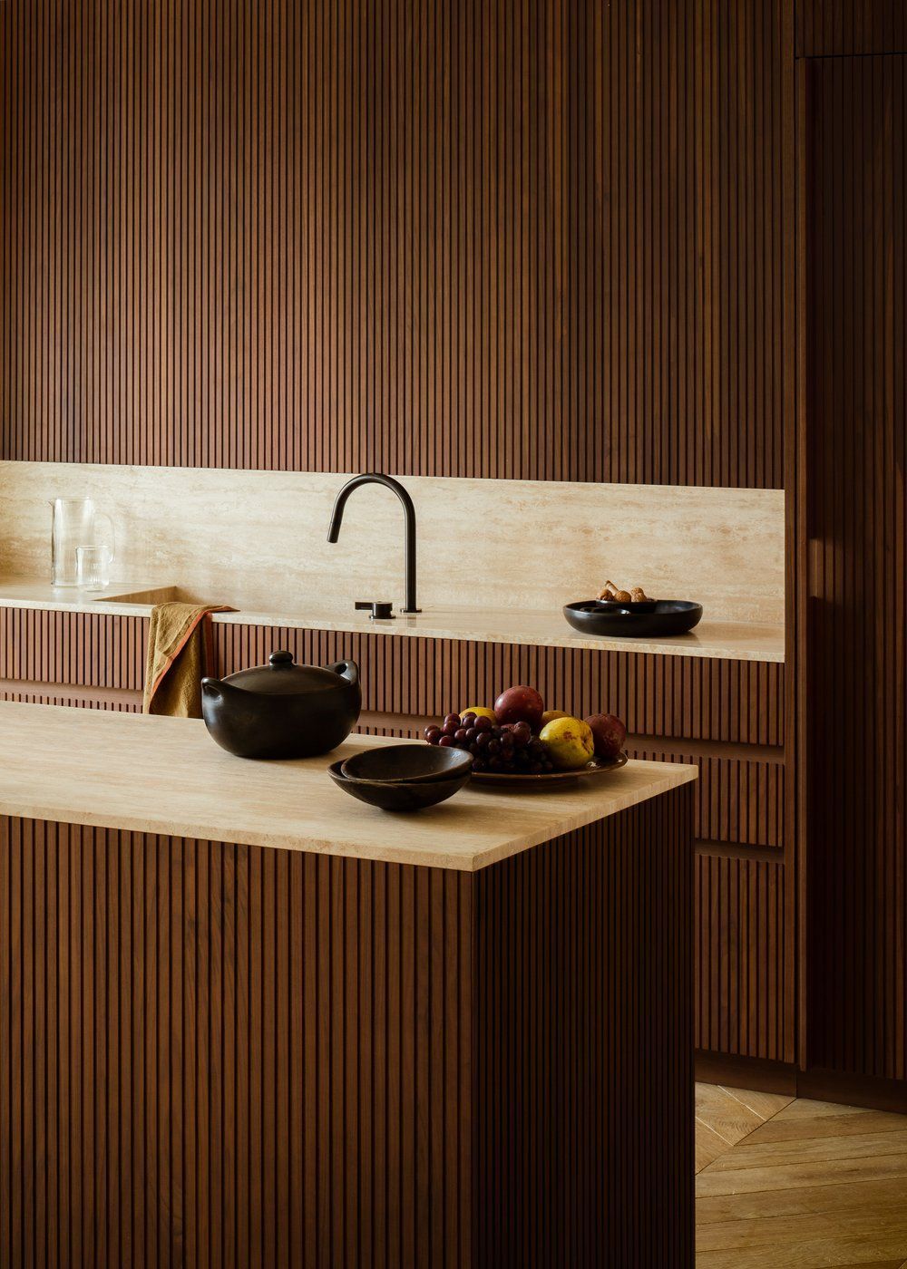 Wood kitchen slatted wood cabinets dark ateliermkd