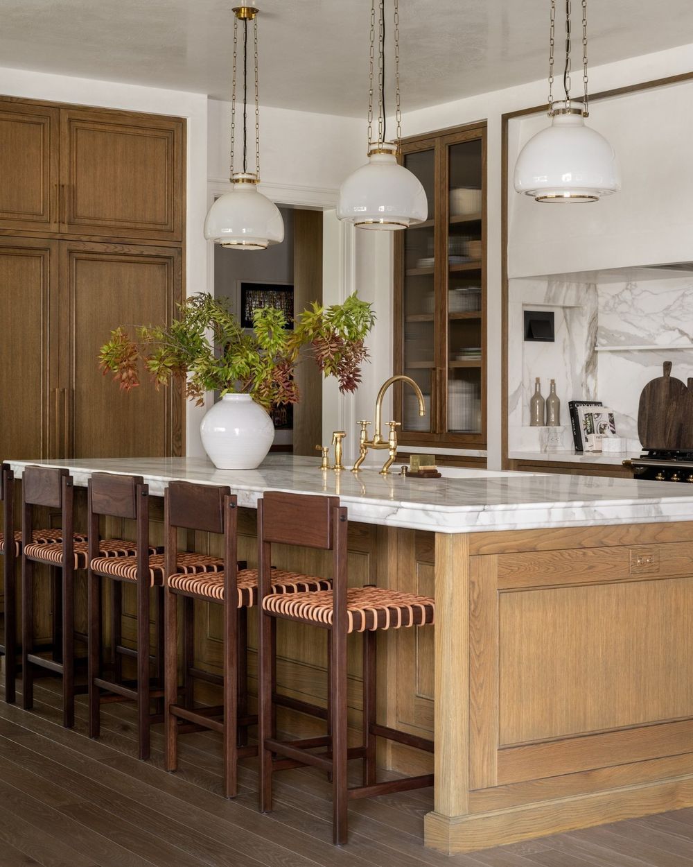 Wood kitchen with marble countertops studiomcgee