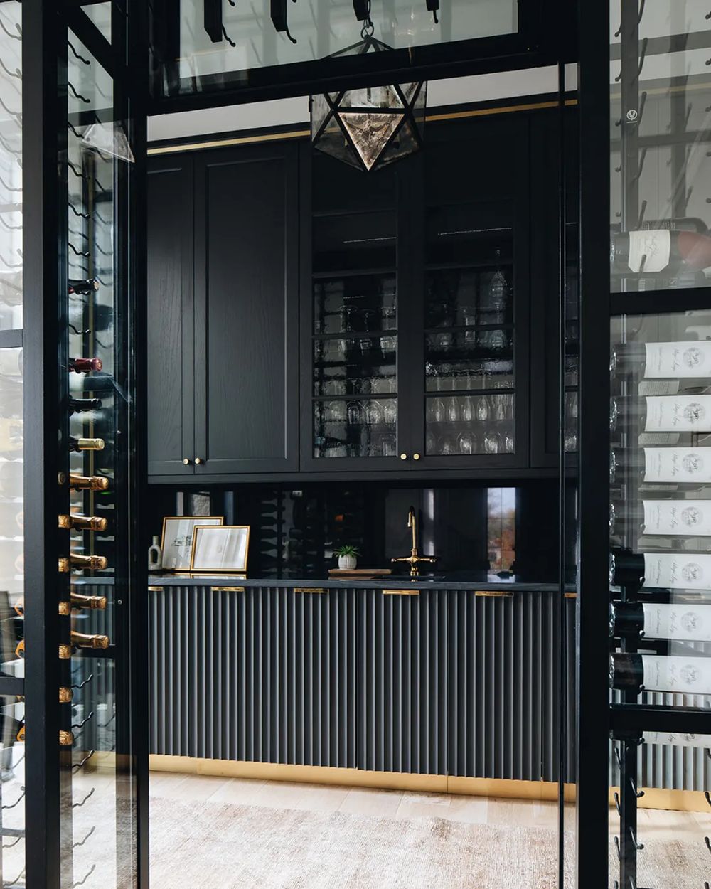 Wine cellar black cabinets katemarkerinteriors