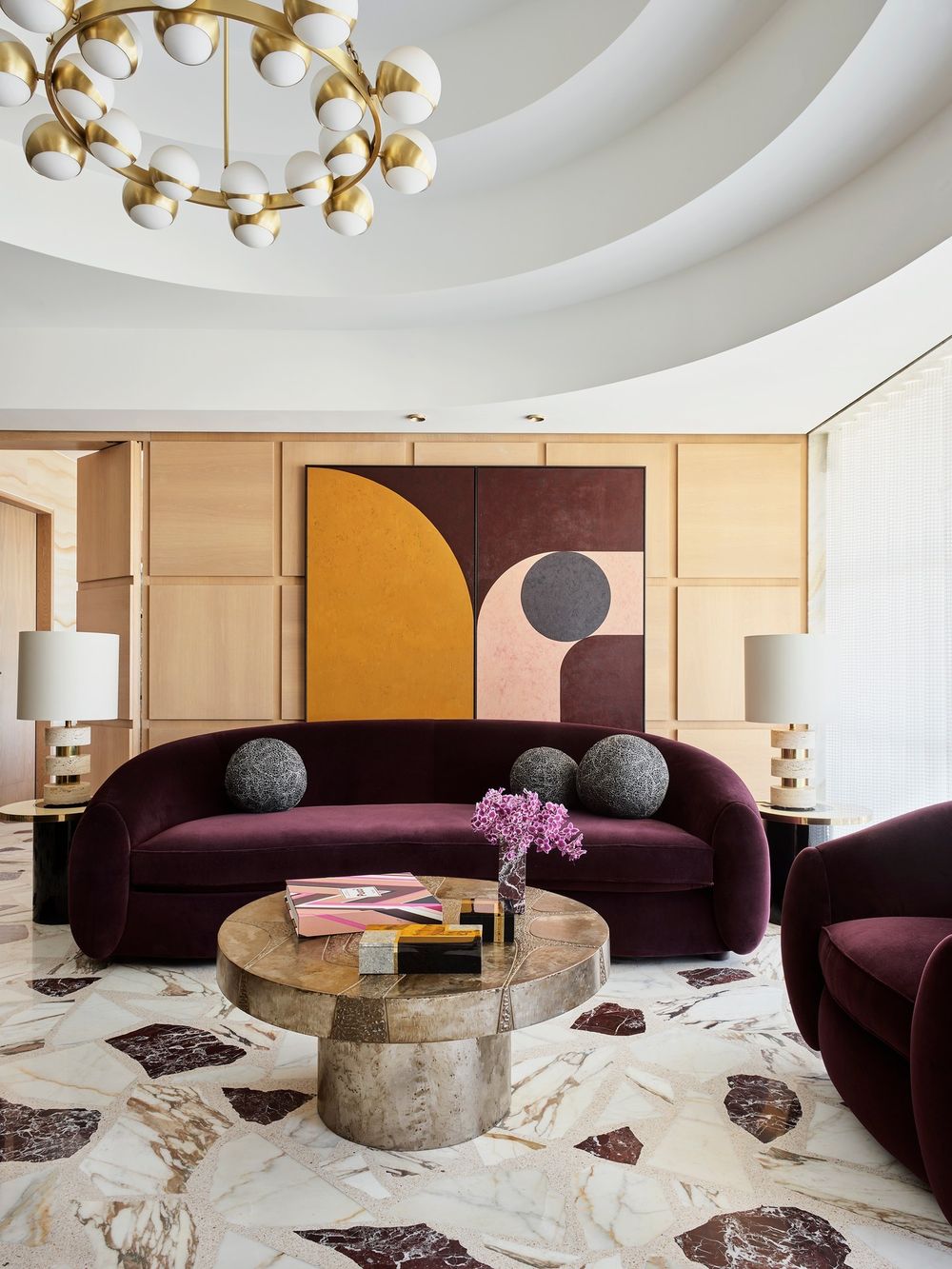Contemporary living room with Plum purple sofa gregnatale