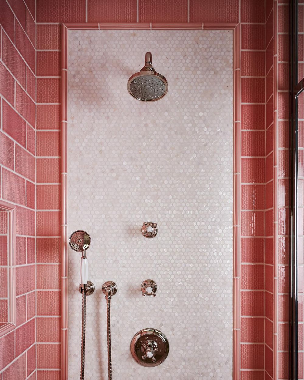Pink interior design shower tile @barbara_sumner_design